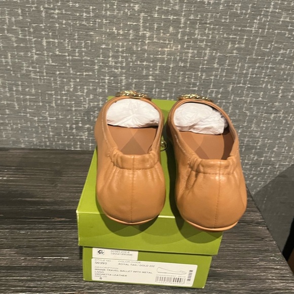 NIB Tory Burch MINNIE TRAVEL LEATHER BALLET Flat Shoe Royal Tan Gold 8 - Picture 9 of 10